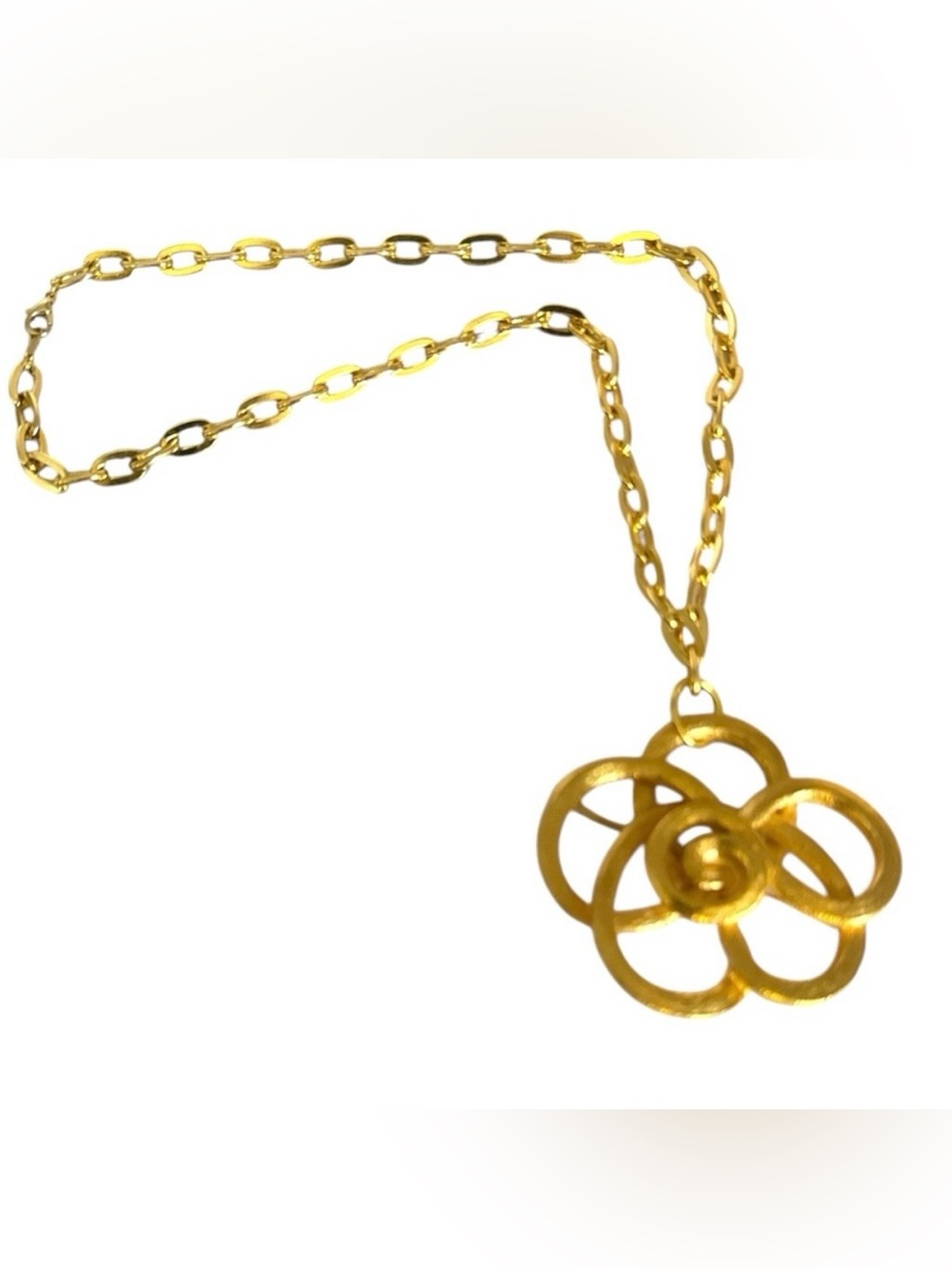 Vintage‎ Gold Flower Pendant Brooch Necklace w/ Thick Gold Chain